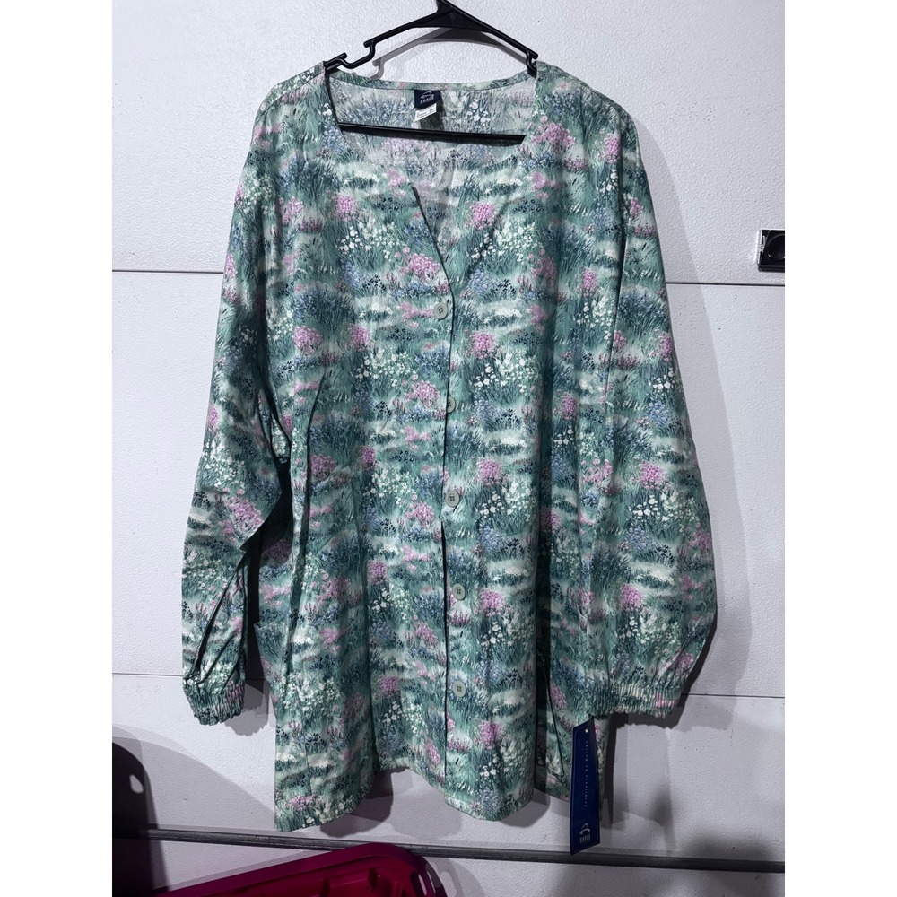 Barco Uniforms Floral Scrub Jacket Button Front 100 Cotton Green 5XL 54534X NWT